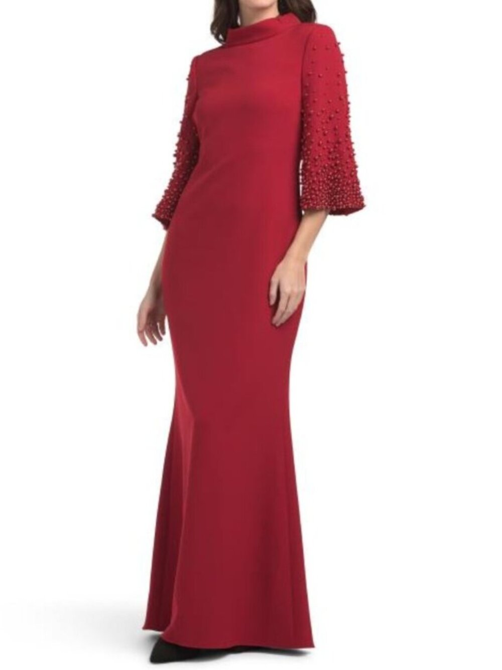 BADGLEY MISCHKA Faux Pearl Beaded Sleeve Mock Neck Gown